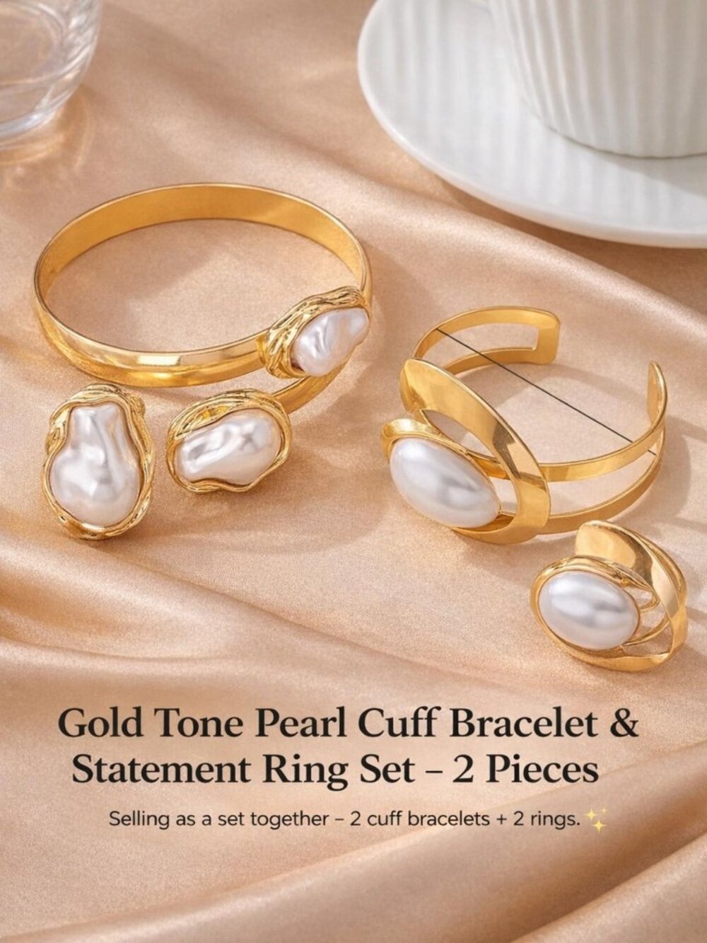 Gold Tone Pearl Cuff Bracelets & Rings Set – 4 Pieces Bundle